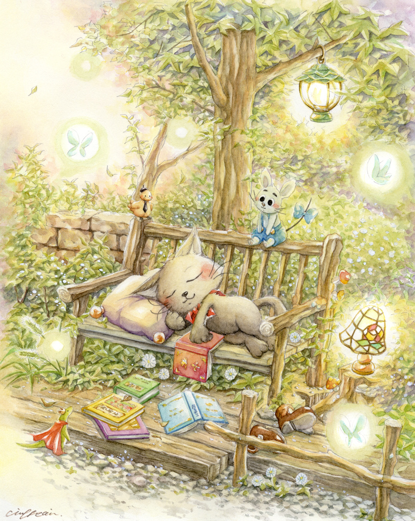 bench, bird, book, brown_shoes, butterfly, cape, cat, ciro_ukai
