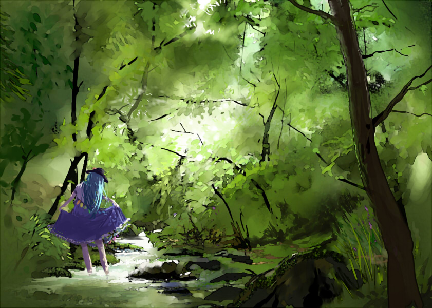 1girl, black_hat, blue_hair, blue_skirt, contrapposto, dappled_sunlight, day, dress