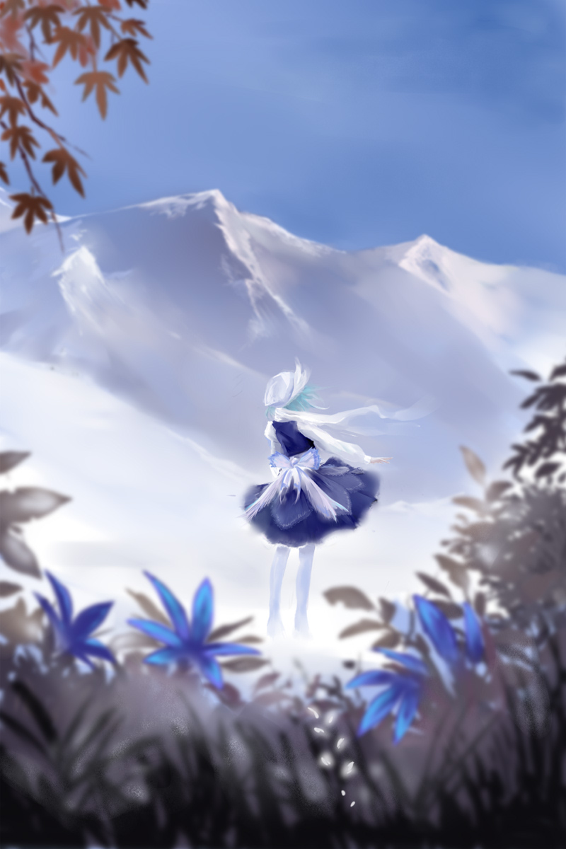 1girl, blue_flower, blue_hair, blue_sky, blurry, branch, day, depth_of_field