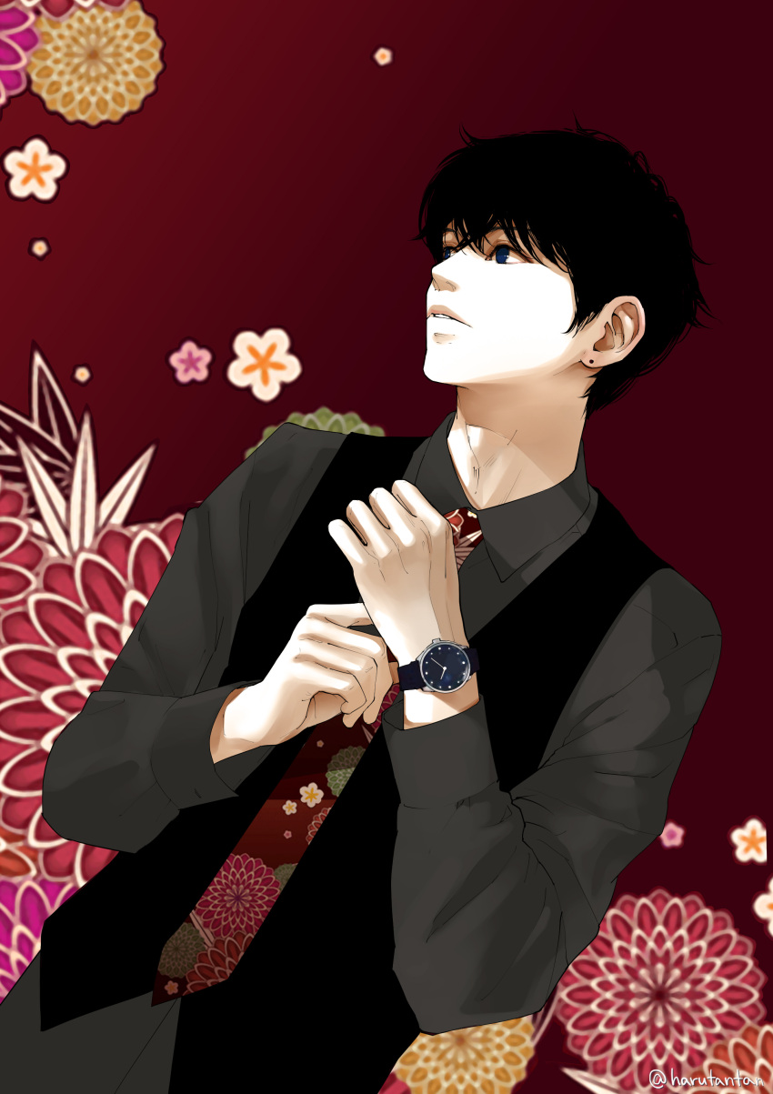 1boy, absurdres, adjusting_clothes, adjusting_necktie, black_hair, blue_eyes, dress_shirt, dutch_angle