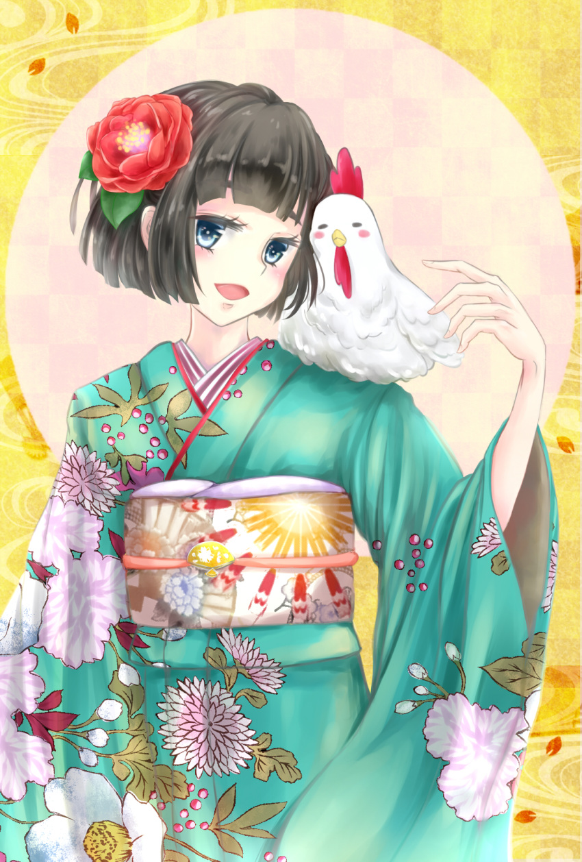 1girl, bird, black_hair, blue_eyes, chicken, floral_print, flower, hair_flower