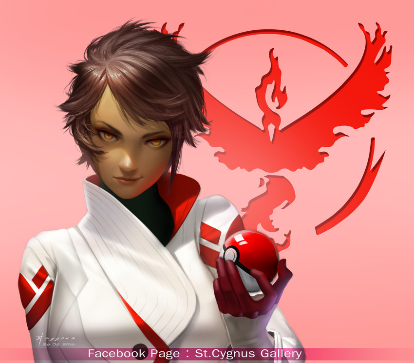 1girl, bangs, bodysuit, brown_eyes, brown_hair, brown_lipstick, buttons, candela_(pokemon)