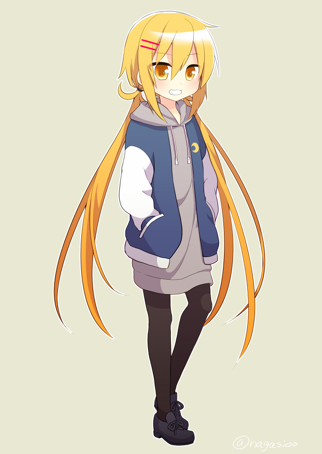 1girl, bangs, black_legwear, blonde_hair, blush, casual, crescent, eyebrows_visible_through_hair, full_body, grin, hair_between_eyes, hair_ornament, hairclip, hands_in_pockets, hood, hood_down, hooded_jacket, jacket, kantai_collection, long_hair, long_sleeves, low_twintails, nagasioo, pantyhose, satsuki_(kantai_collection), shoes, simple_background, smile, solo, standing, twintails, twitter_username, very_long_hair, yellow_eyes