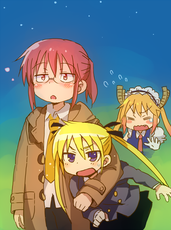 3girls, arm_around_neck, black_pants, black_skirt, blonde_hair, blue_eyes, blush, blush_stickers, brown_coat, brown_eyes, brown_hair, buttons, coat, collared_shirt, commentary_request, crossover, dragon_horns, drunk, fang, flying_sweatdrops, glasses, height_difference, horns, kill_me_baby, kobayashi-san_chi_no_maidragon, kobayashi_(maidragon), maid_headdress, multiple_girls, necktie, open_mouth, pants, ponytail, puffy_sleeves, red_necktie, seiyuu_connection, shirt, skirt, sonya_(kill_me_baby), suzu-shiro, sweatdrop, tamura_mutsumi, tooru_(maidragon), twintails, wavy_mouth, white_shirt, yellow_necktie