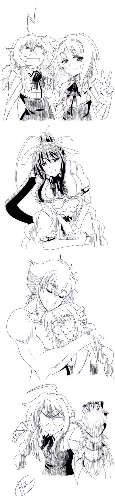 1boy, ahoge, alternate_breast_size, alternate_hairstyle, alternate_universe, blush, boosted_gear, braid