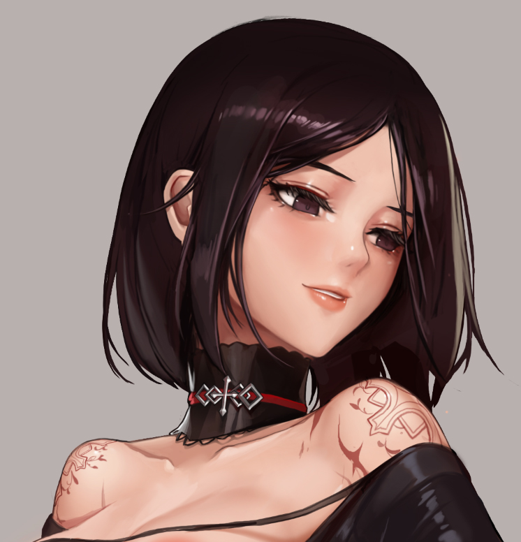 1girl, brown_eyes, choker, collarbone, dungeon_and_fighter, eyelashes, female_priest_(dungeon_and_fighter), lips, looking_down, looking_to_the_side, medium_hair, mistress_(dungeon_and_fighter), monaim, original, simple_background, smile, solo, tattoo