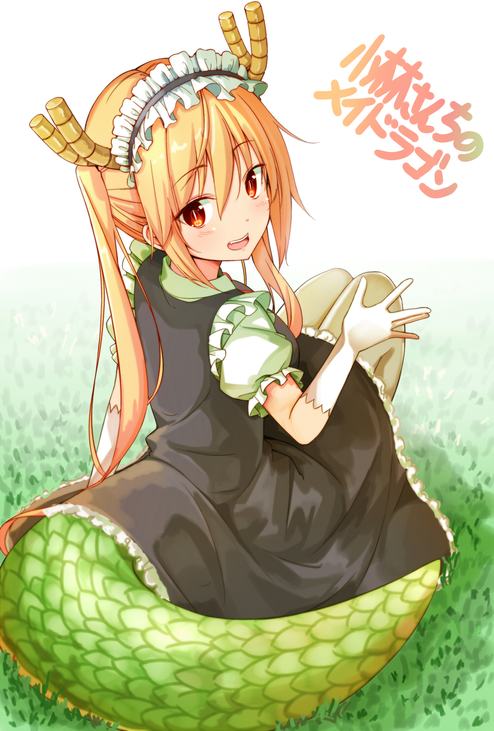 1girl, arm_support, black_dress, blush, breasts, brown_eyes, brown_hair, copyright_name