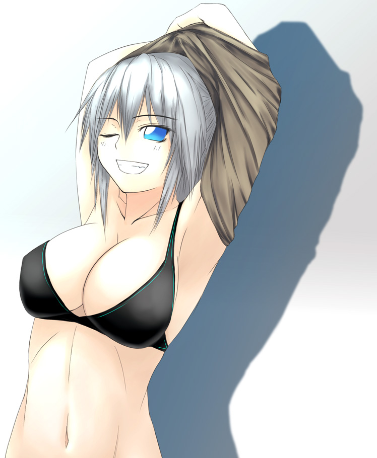 arms_up, bad_id, blue_eyes, bra, breasts, cleavage, foxhound, grin