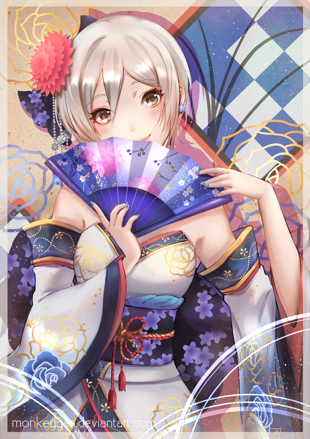 1girl, bare_shoulders, blonde_hair, brown_eyes, covering_mouth, detached_sleeves, floral_print, highres