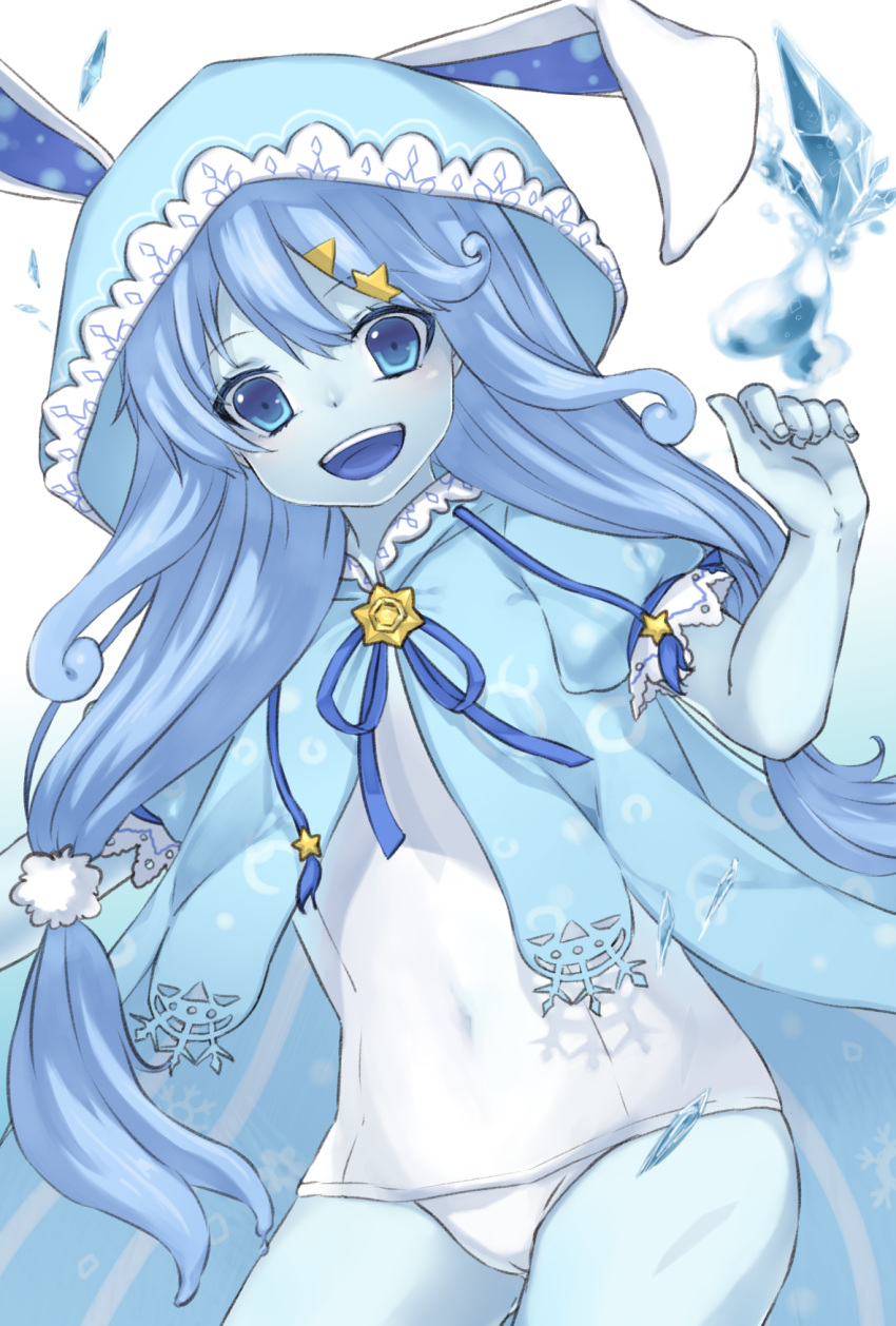 1girl, :d, animal_hood, blue_eyes, blue_hair, blue_skin, bunny_hood, covered_navel