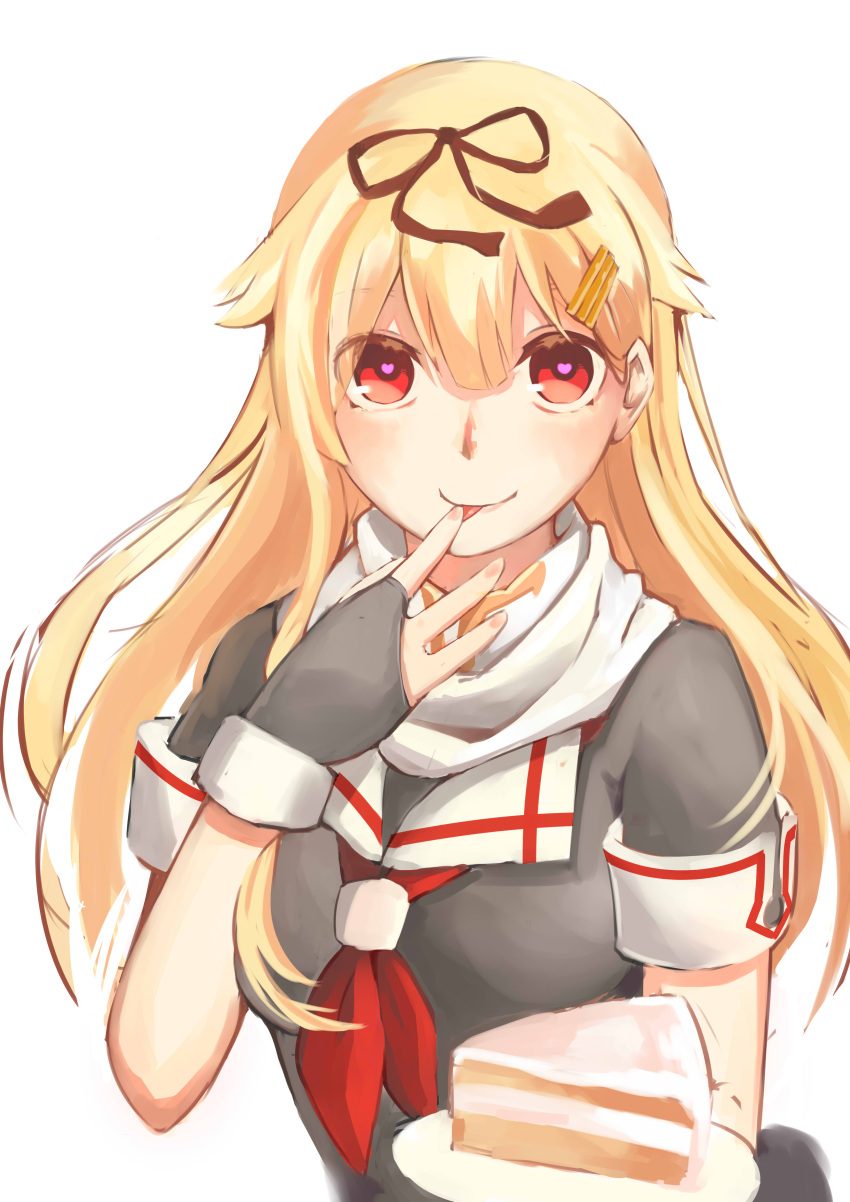 1girl, :p, absurdres, black_ribbon, black_shirt, blonde_hair, cake, closed_mouth