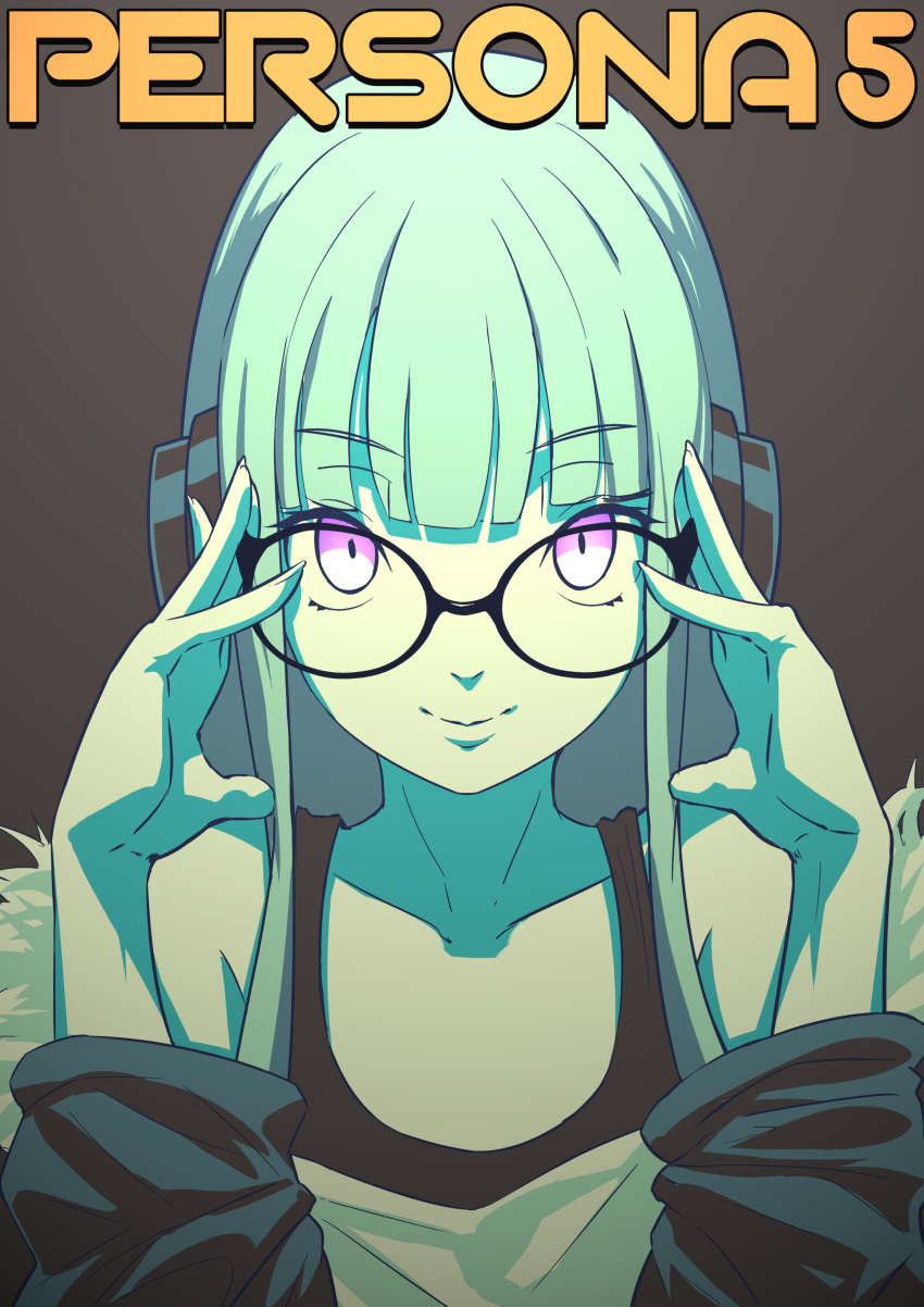 >:>, 1girl, absurdres, adjusting_glasses, black-framed_eyewear, black_shirt, closed_mouth, collarbone