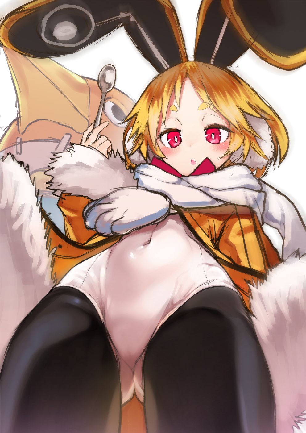 1girl, animal_ears, ass, black_legwear, blonde_hair, blush, bright_pupils, covered_navel