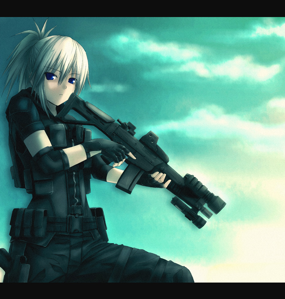 belt, belt_pouch, blonde_hair, blue_eyes, cloud, clouds, eotech, fingerless_gloves