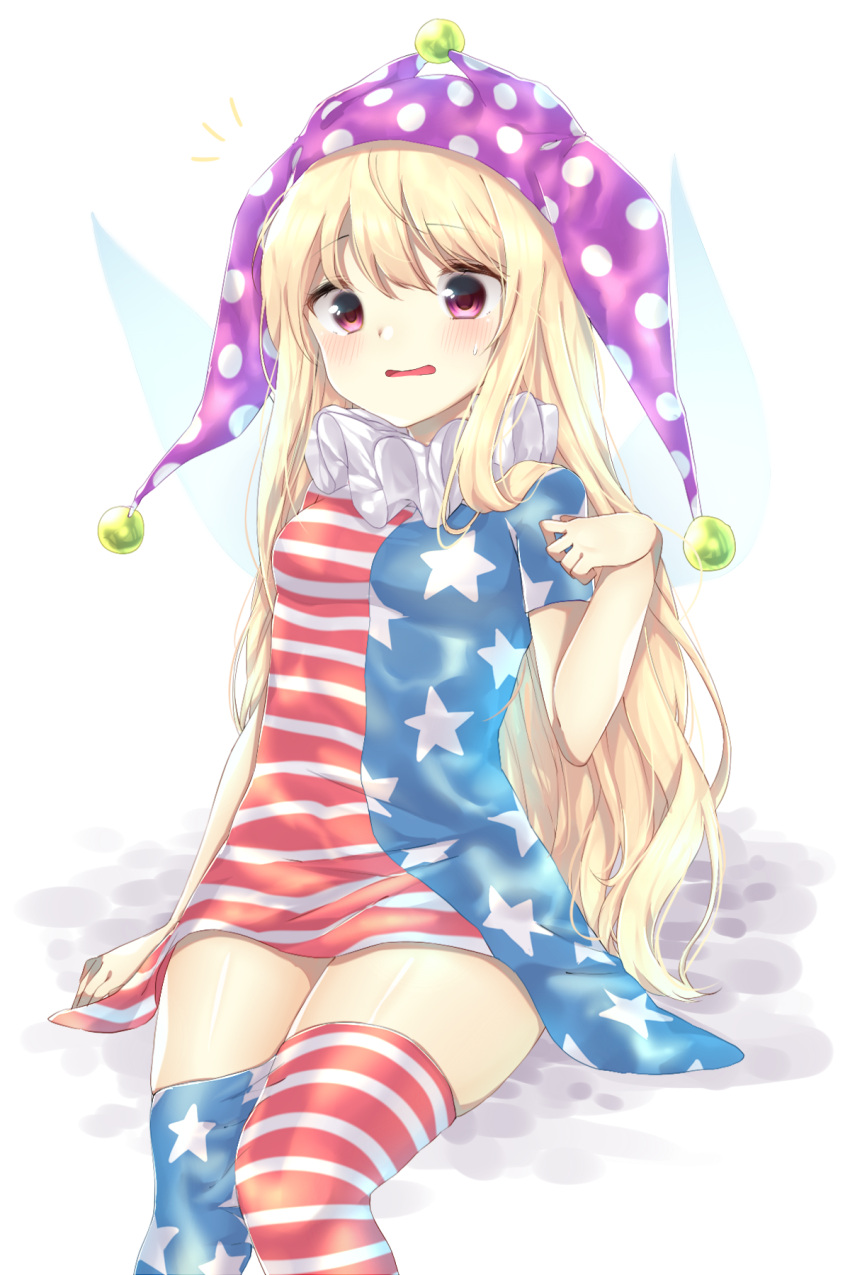 1girl, american_flag_dress, american_flag_legwear, bangs, blonde_hair, blush, breasts, cheunes