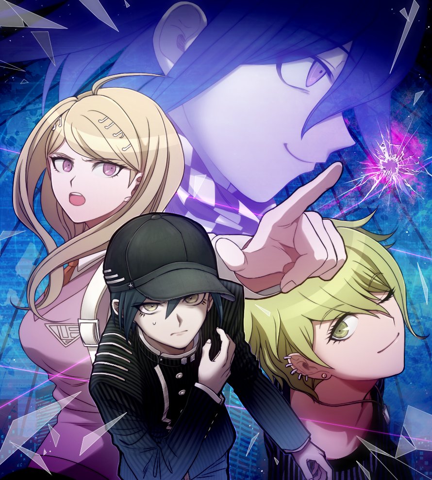 1girl, 3boys, akamatsu_kaede, amami_rantarou, backpack, bag, baseball_cap, beamed_quavers