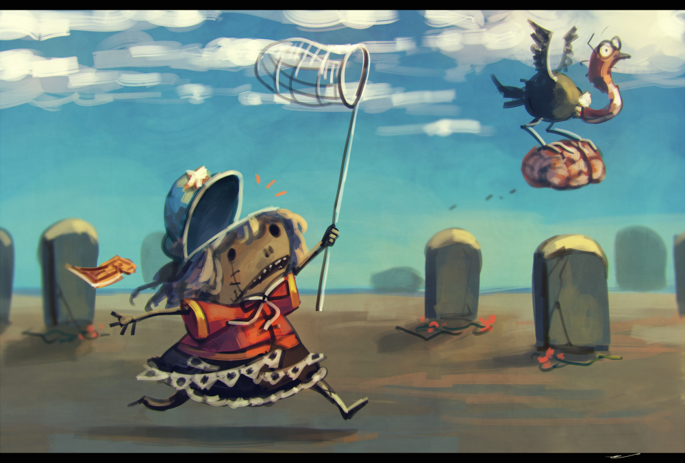 1girl, bird, brain, butterfly_net, carrying, chasing, clouds, commentary_request