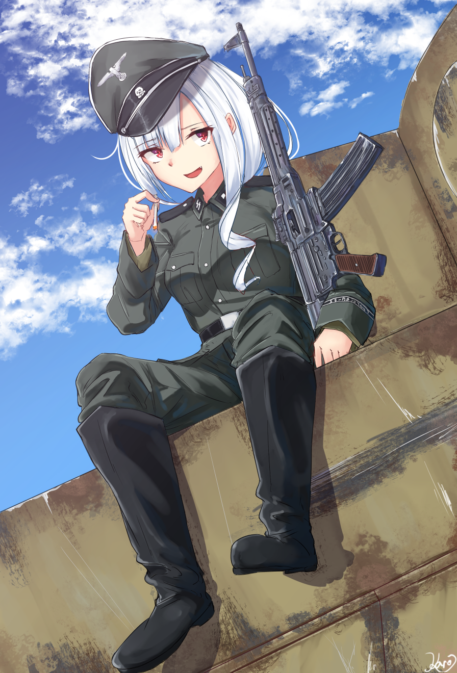 1girl, artist_name, assault_rifle, breasts, gun, hat, highres, karo-chan, medium_breasts, nazi, open_mouth, original, peaked_cap, rifle, signature, solo, ss_insignia, stg44, violet_eyes, weapon, white_hair
