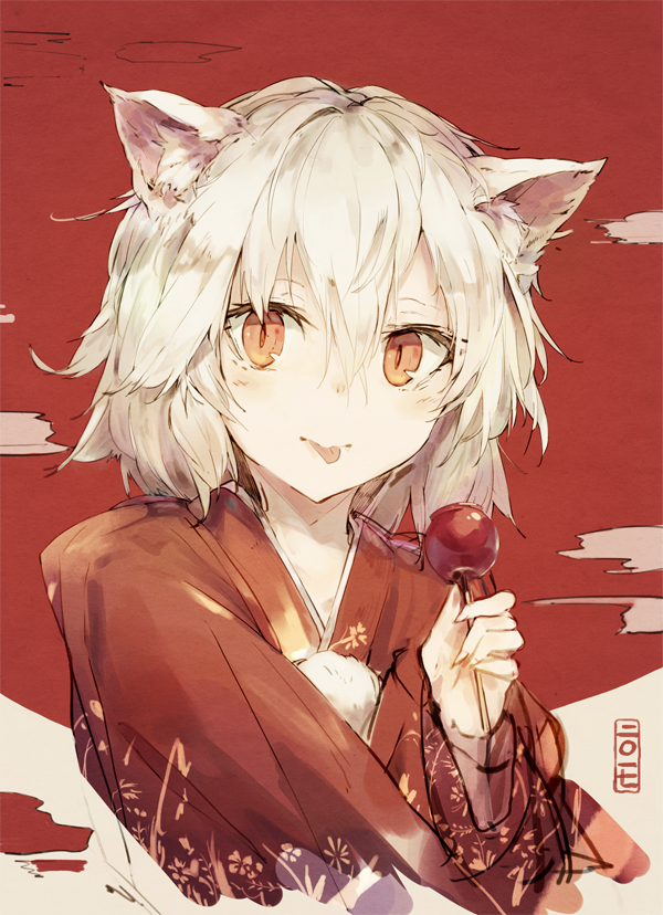 1girl, 2017, :p, animal_ears, candy_apple, closed_mouth, clouds, commentary_request