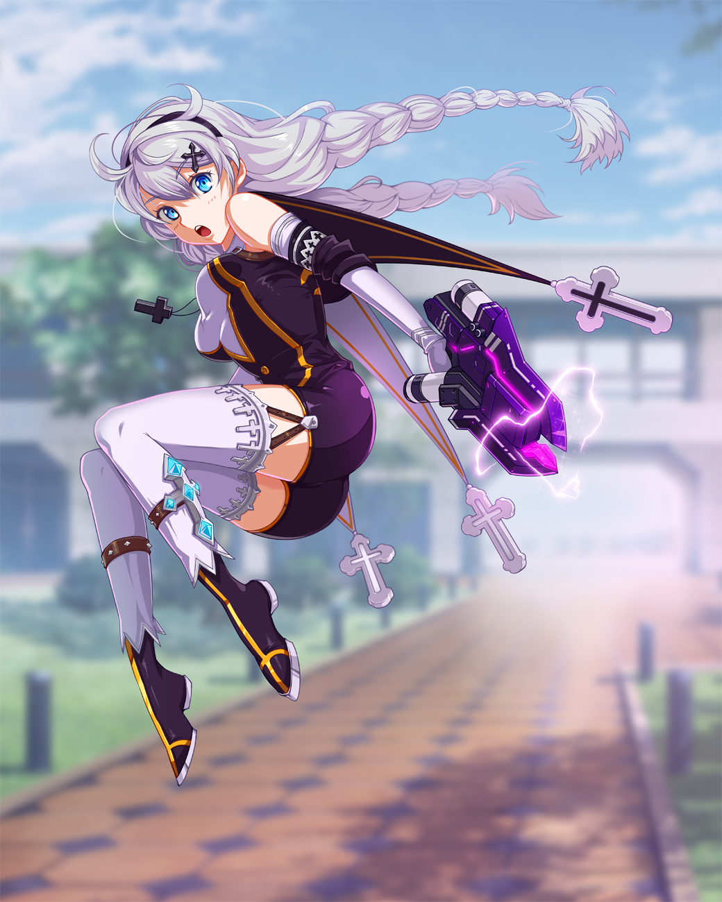 1girl, :o, ankle_strap, bangs, bare_shoulders, benghuai_xueyuan, black_hairband, black_shorts, blue_eyes, blurry, blurry_background, blush, boots, braid, breasts, choudan, cross, cross_hair_ornament, cross_necklace, day, elbow_gloves, full_body, garter_straps, gloves, hair_between_eyes, hair_ornament, hairband, hairclip, highres, honkai_impact, jewelry, kiana_kaslana, knees_up, long_hair, looking_at_viewer, medium_breasts, midair, necklace, open_mouth, shirt, short_shorts, shorts, silver_hair, sleeveless, solo, thigh-highs, twin_braids, weapon
