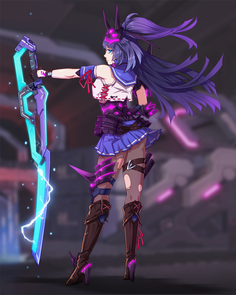 1girl, arm_guards, armband, bangs, benghuai_xueyuan, black_gloves, blue_skirt, blurry