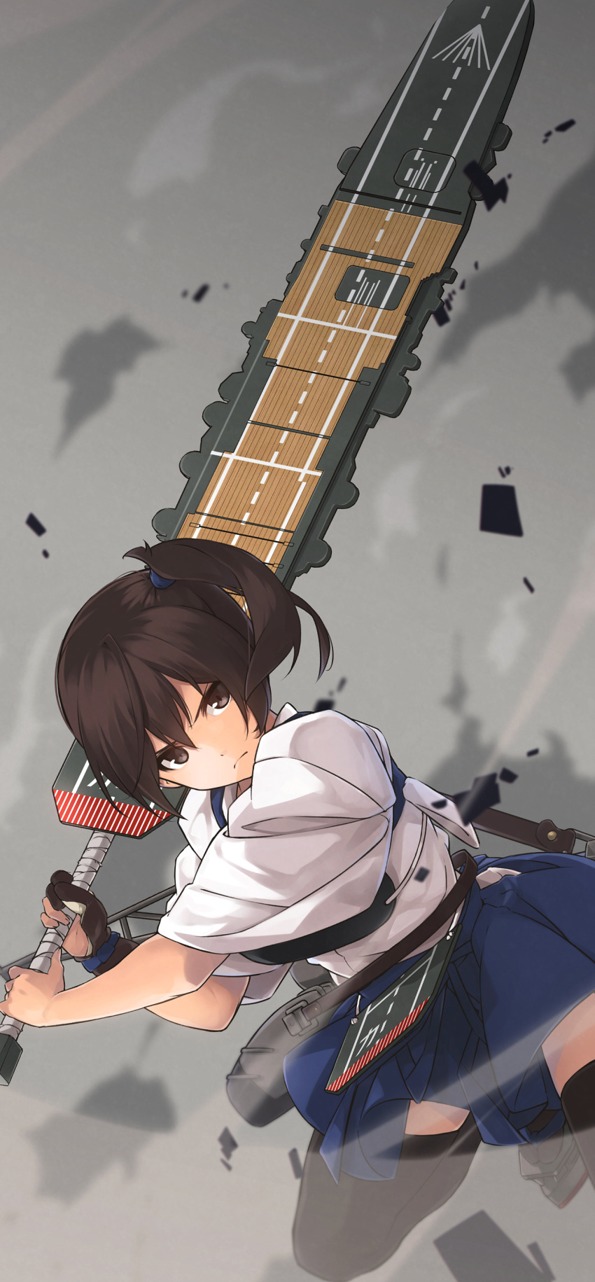 1girl, absurdres, berserk, black_legwear, brown_eyes, brown_hair, debris, flight_deck, gloves, hakama_skirt, highres, japanese_clothes, kaga_(kantai_collection), kantai_collection, long_hair, modified, muneate, nanaku_teiru, parody, partly_fingerless_gloves, short_hair, side_ponytail, skirt, smoke, solo, swinging, tasuki, thigh-highs, weapon, yugake