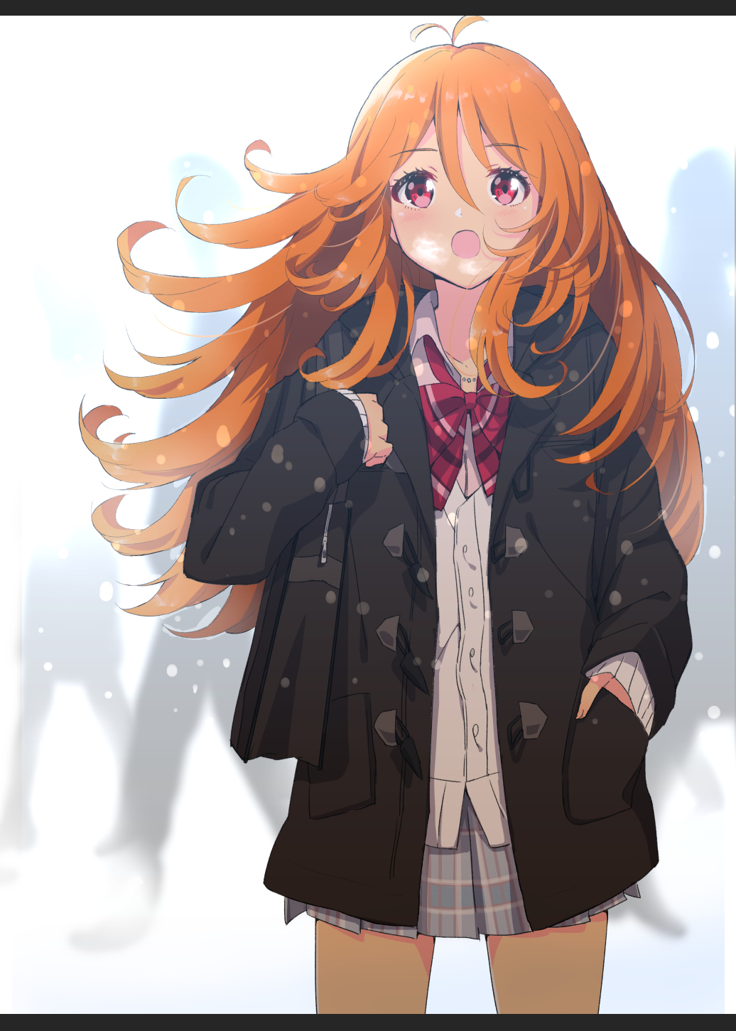 1girl, :o, antenna_hair, bag, black_border, black_jacket, blush, border