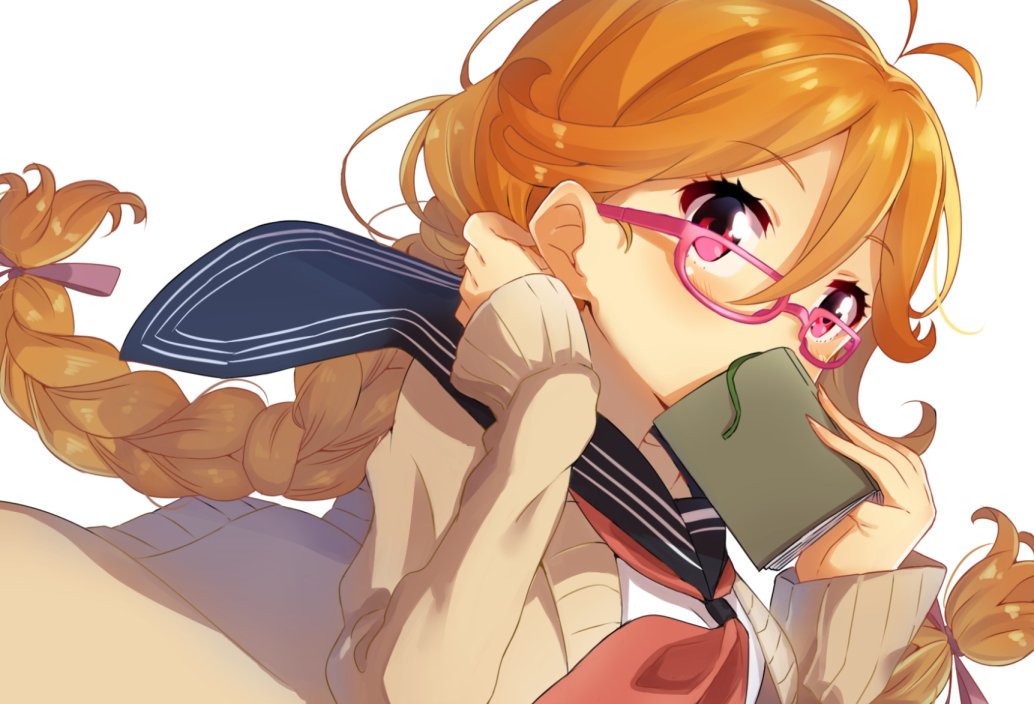 1girl, antenna_hair, bespectacled, blush, book, book_to_mouth, braid, breasts, cardigan, covered_mouth, covering_mouth, eyelashes, fingernails, glasses, hair_between_eyes, hair_ribbon, hair_tubes, holding, holding_book, long_fingernails, long_hair, long_sleeves, looking_at_viewer, medium_breasts, neckerchief, open_book, open_cardigan, open_clothes, orange_hair, pink-framed_eyewear, red_eyes, red_neckerchief, ribbon, school_uniform, serafuku, shiime, shiny, shiny_hair, simple_background, sleeves_past_wrists, solo, tokyo_7th_sisters, twin_braids, twintails, upper_body, usuta_sumire, white_background