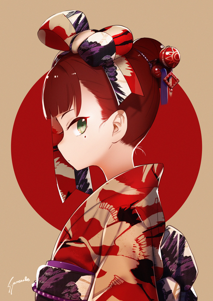 1girl, alternate_hairstyle, animal_print, anne_(wixoss), artist_name, bangs, beads, bird, bird_print, blunt_bangs, blush, bow, brown_background, closed_mouth, crane_(animal), eyelashes, flat_chest, from_side, green_eyes, hair_bow, hair_bun, hair_ornament, hair_stick, hair_up, japanese_clothes, kimono, long_sleeves, looking_at_viewer, mole, mole_under_eye, new_year, obi, print_bow, print_kimono, profile, red_kimono, red_sun, redhead, sash, shamonabe_(pypyworks), side_glance, signature, solo, syamo003, upper_body, wixoss, year_of_the_rooster