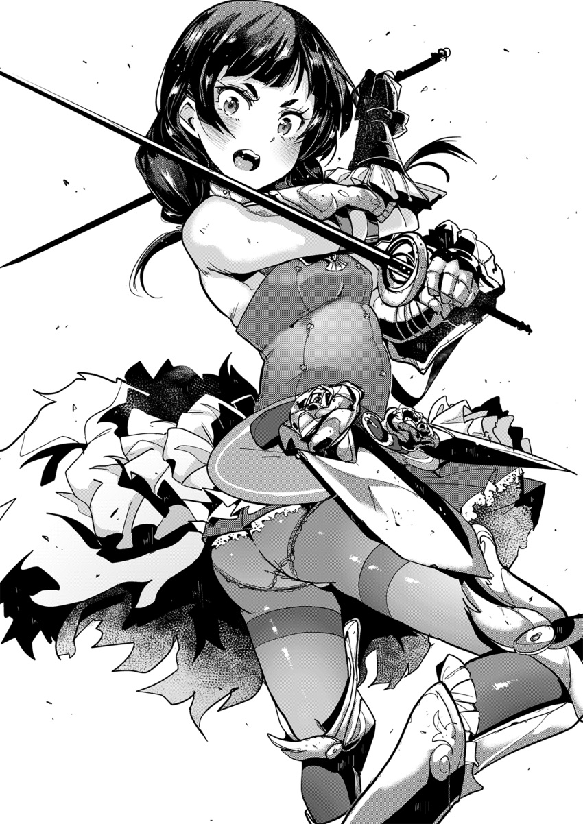 1girl, armor, armored_boots, ass, bangs, bare_shoulders, blunt_bangs, blush