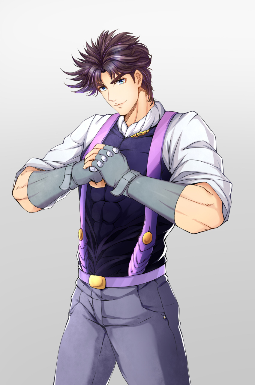 1boy, abs, aqua_eyes, brown_hair, fingerless_gloves, gloves, gradient, gradient_background