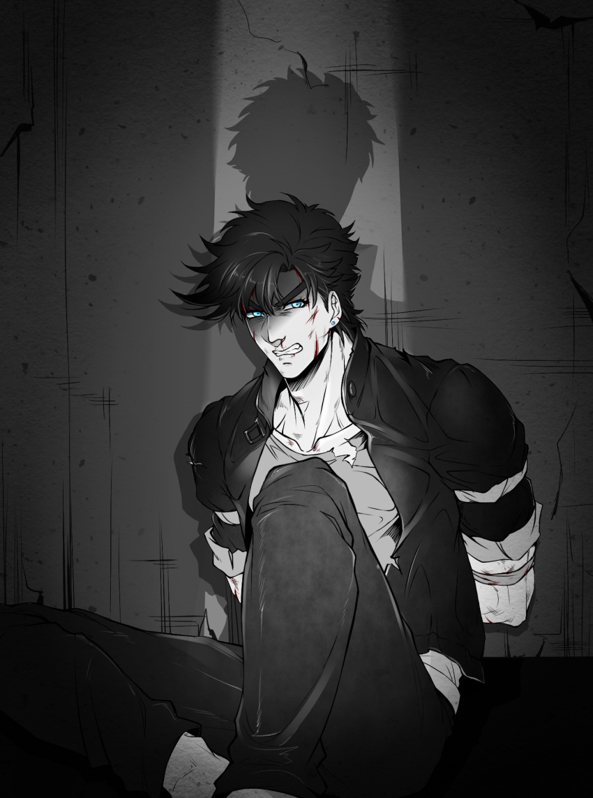 1boy, aqua_eyes, arms_behind_back, blood, bruise, clenched_teeth, earrings, highres
