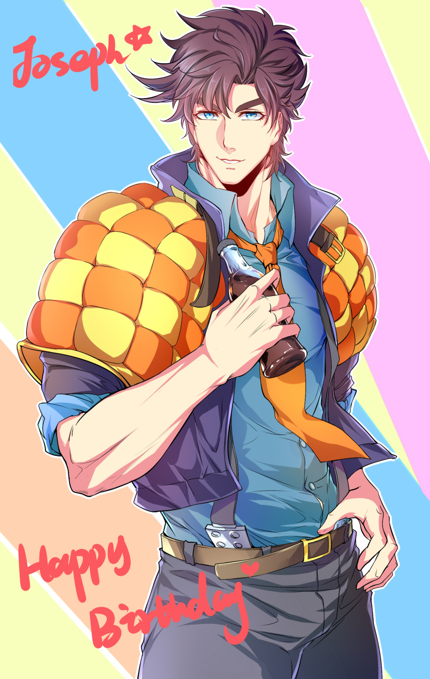 1boy, absurdres, belt, blue_eyes, brown_hair, cowboy_shot, happy_birthday, highres