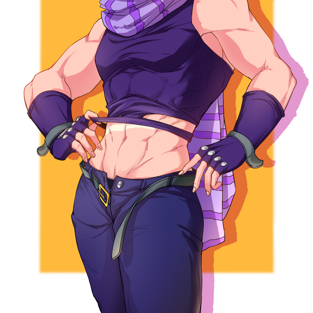 1boy, abs, belt, crop_top, fingerless_gloves, gloves, groin, head_out_of_frame, jojo_no_kimyou_na_bouken, joseph_joestar_(young), male_focus, muscle, purple_scarf, scarf, shadow, shin_(840573976), solo, striped, striped_scarf, unbuckled_belt, unbuttoned