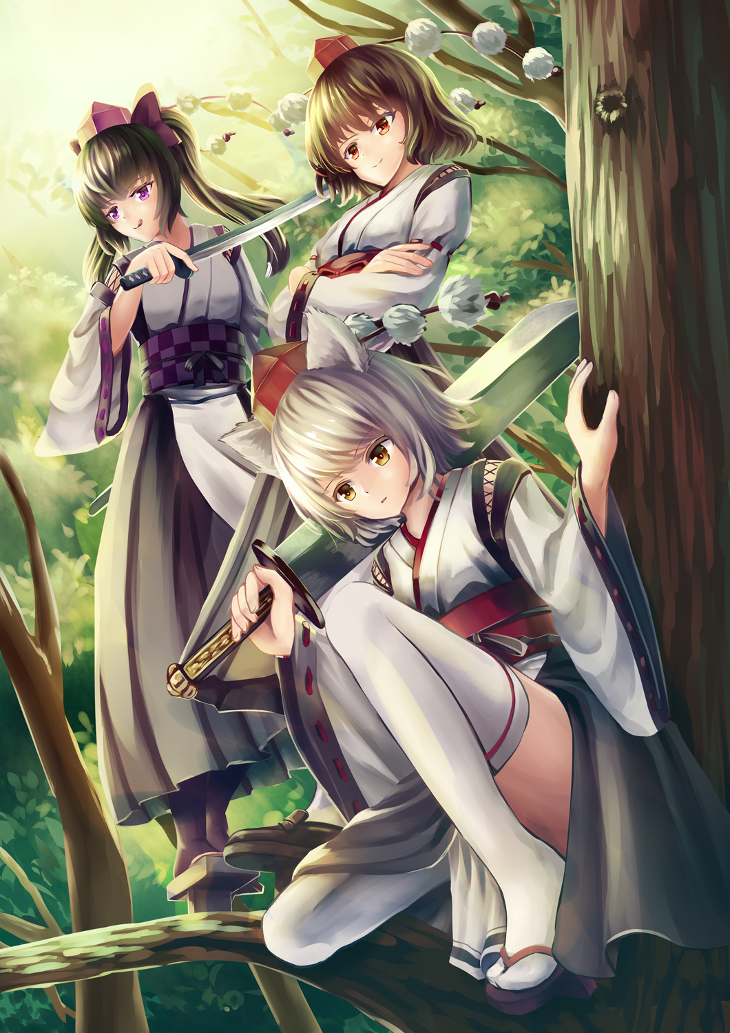 3girls, alternate_eye_color, animal_ears, bangs, black_hair, bow, breasts, brown_eyes
