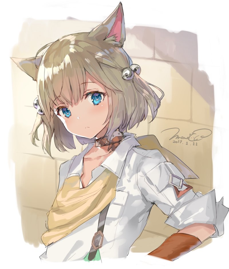 1girl, 2017, animal_ears, artist_name, bangs, bell, blue_eyes, brick_wall