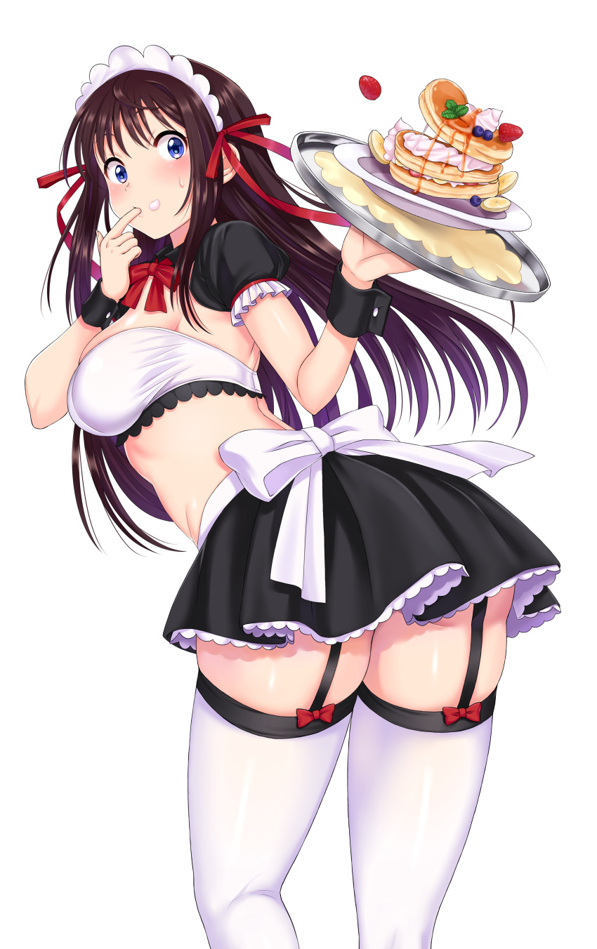 1girl, absurdres, ass, banana, banana_slice, bandeau, blue_eyes, blueberry