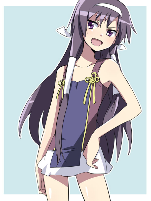 1girl, bare_shoulders, code_geass, cosplay, flat_chest, genderswap, hair_ornament, hair_tubes, hairclip, kannagi, lelouch_lamperouge, long_hair, luluko, maruki_(punchiki), nagi, nagi_(cosplay), purple_eyes, ruruko, skirt, trap, violet_eyes
