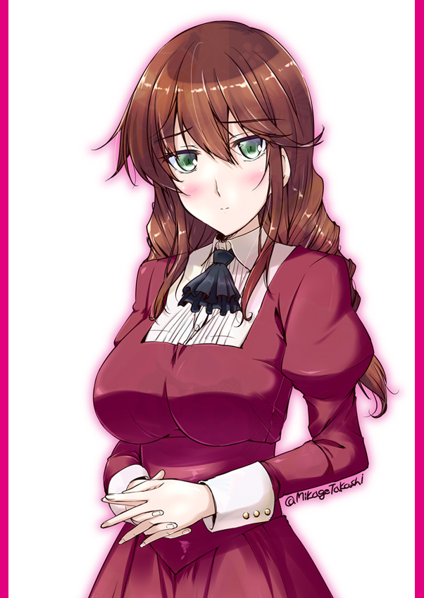 1girl, aquila_(kantai_collection), aquila_(kantai_collection)_(cosplay), ascot, blush, braid, breasts, brown_hair