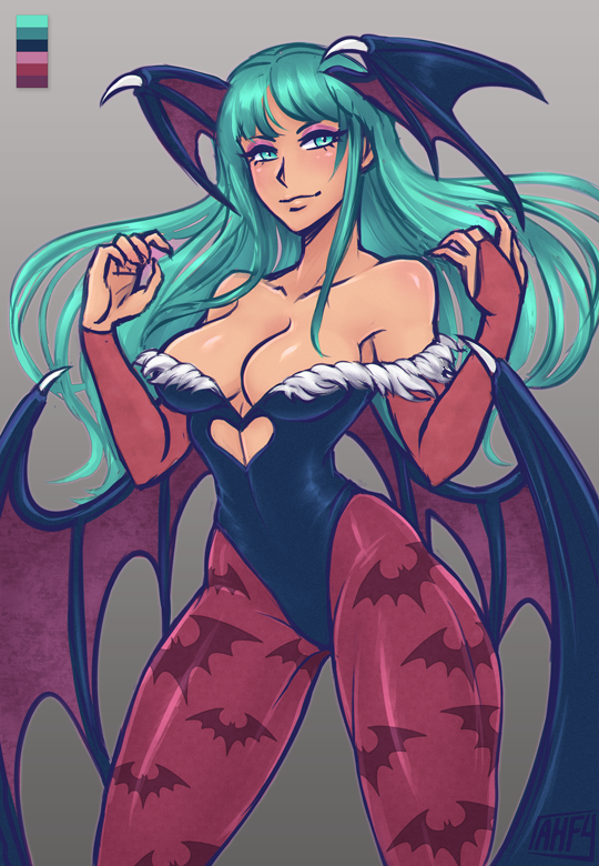 1girl, animal_print, aqua_eyes, aqua_hair, bare_shoulders, bat_print, bat_wings, breasts, bridal_gauntlets, capcom, cleavage, collarbone, color_palette, demon_girl, eyeshadow, head_wings, heart, heart_cutout, iahfy, leotard, looking_at_viewer, low_wings, makeup, medium_breasts, morrigan_aensland, neck, pantyhose, print_legwear, purple_legwear, slender_waist, smile, solo, standing, succubus, thick_thighs, thighs, vampire_(game), wings