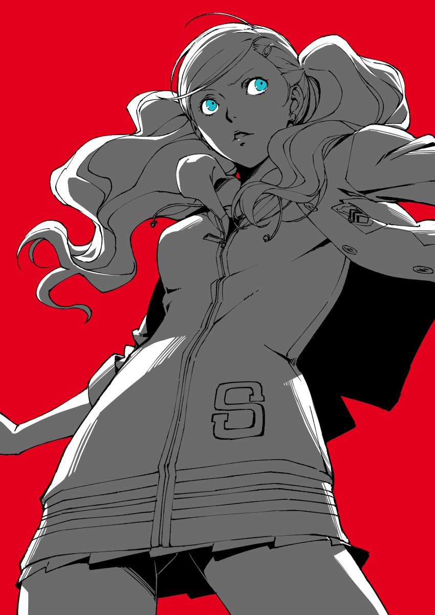 1girl, absurdres, blue_eyes, hair_ornament, highres, k_utao, long_hair, monochrome