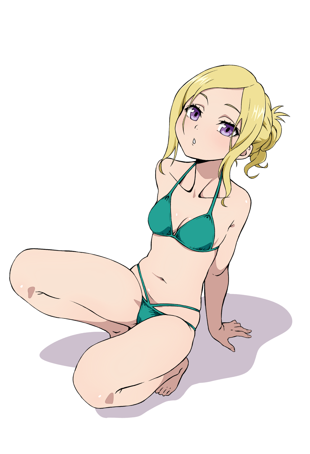 191karasu, 1girl, arm_support, bikini, blonde_hair, green_bikini, highres, kuromukuro
