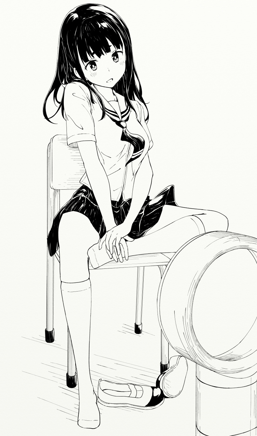 1girl, bangs, black_hair, black_skirt, bladeless_fan, blush, breasts, chair