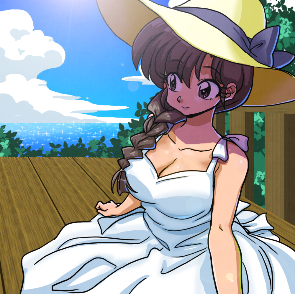 1girl, bangs, bare_shoulders, braid, breasts, brown_eyes, brown_hair, cleavage