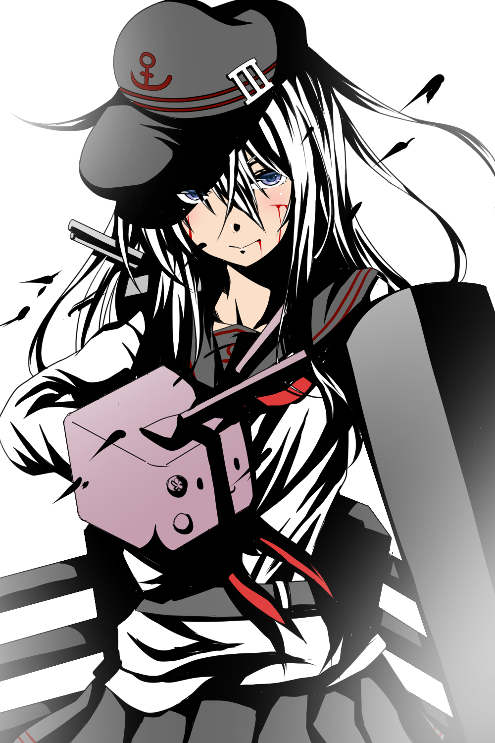 1girl, akatsuki_(kantai_collection), akatsuki_(kantai_collection)_(cosplay), anchor_symbol, ar_(lover_boy), black_skirt, blood, blood_from_mouth, blue_eyes, cosplay, cowboy_shot, cuts, flat_cap, hair_between_eyes, hat, hibiki_(kantai_collection), highres, injury, kantai_collection, long_hair, long_sleeves, looking_at_viewer, remodel_(kantai_collection), rensouhou-chan, school_uniform, serafuku, skirt, solo, tsurime, turret, white_background, white_hair