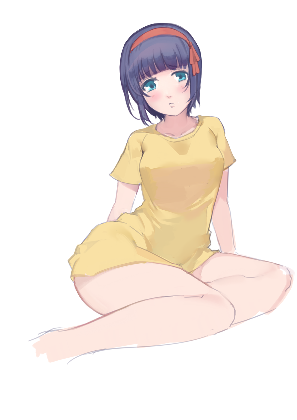 1girl, bangs, blue_eyes, blunt_bangs, blush, bottomless, gen_(bividgen), hair_ribbon