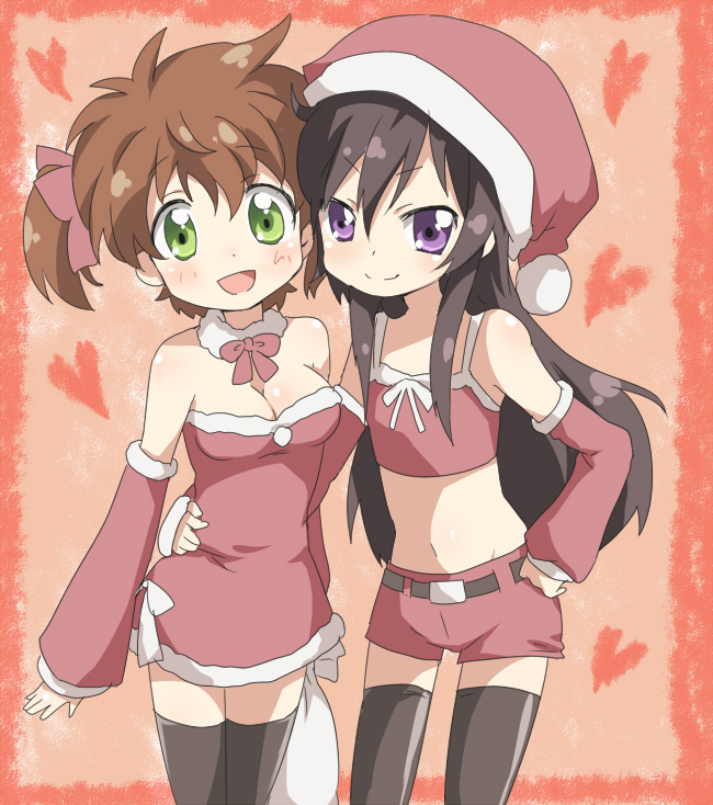 2girls, blush, brown_hair, code_geass, detached_sleeves, flat_chest, genderswap, green_eyes