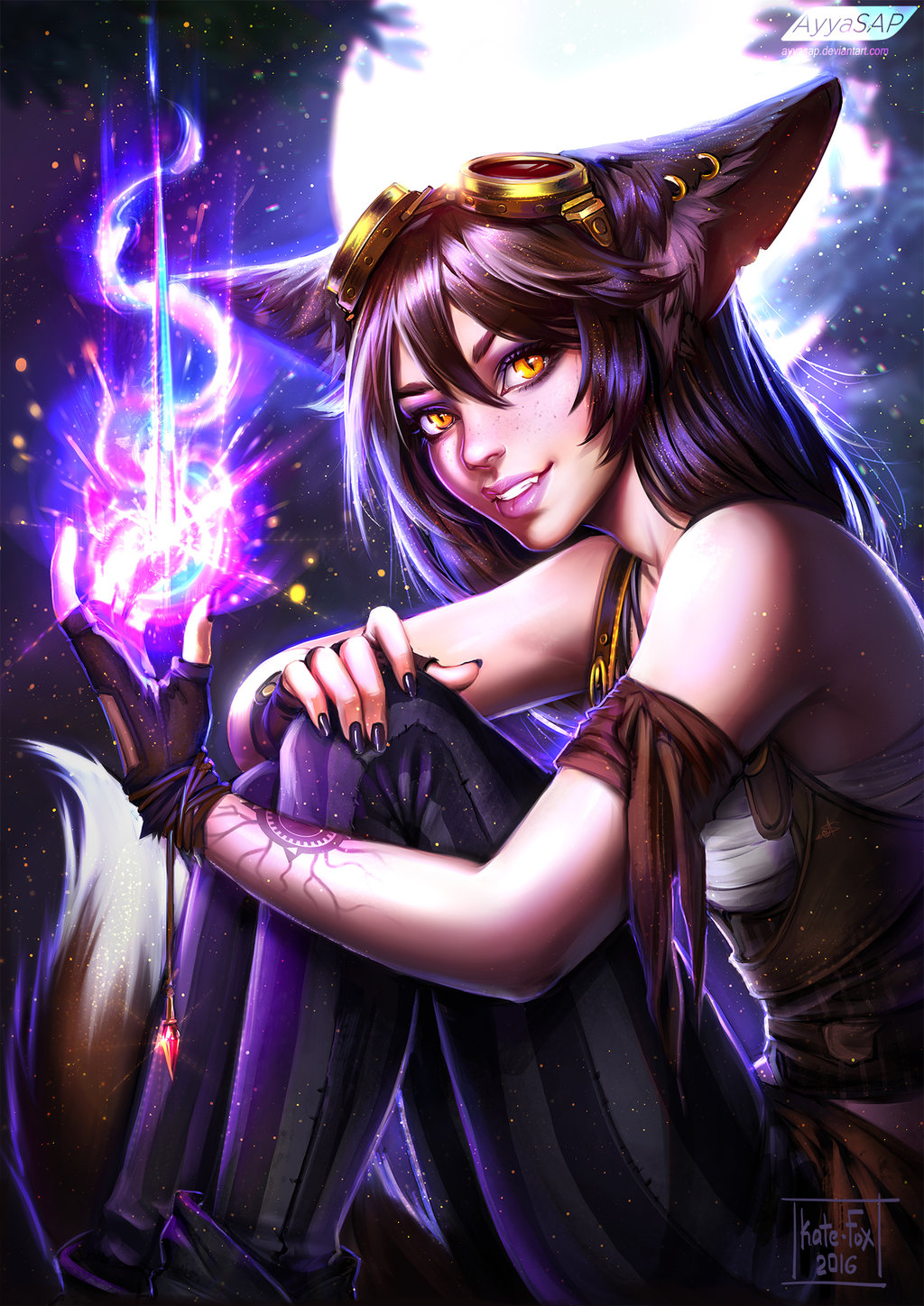 1girl, animal_ears, ayya_saparniyazova, black_hair, black_nails, bracelet, breasts, collaboration