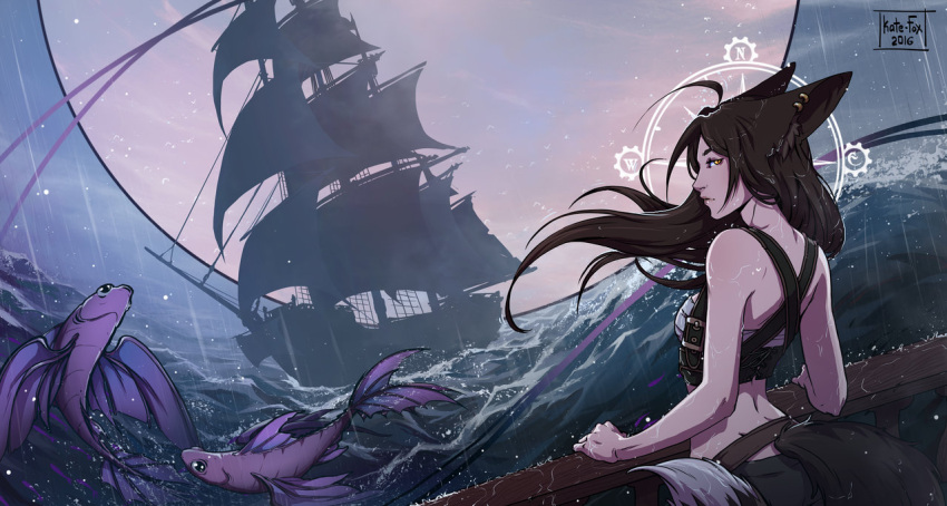 1girl, ahoge, animal_ears, belt, black_hair, boat, breasts, earrings