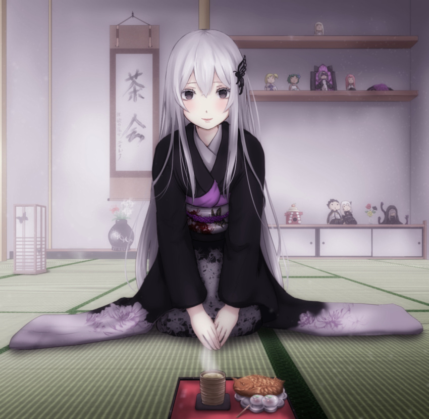 1girl, alternate_costume, black_eyes, black_kimono, bowl, butterfly_hair_ornament, character_doll, commentary_request